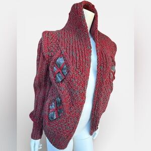 Vintage 80’s BYBLOS wool knit open front cardigan with leather argyle patches